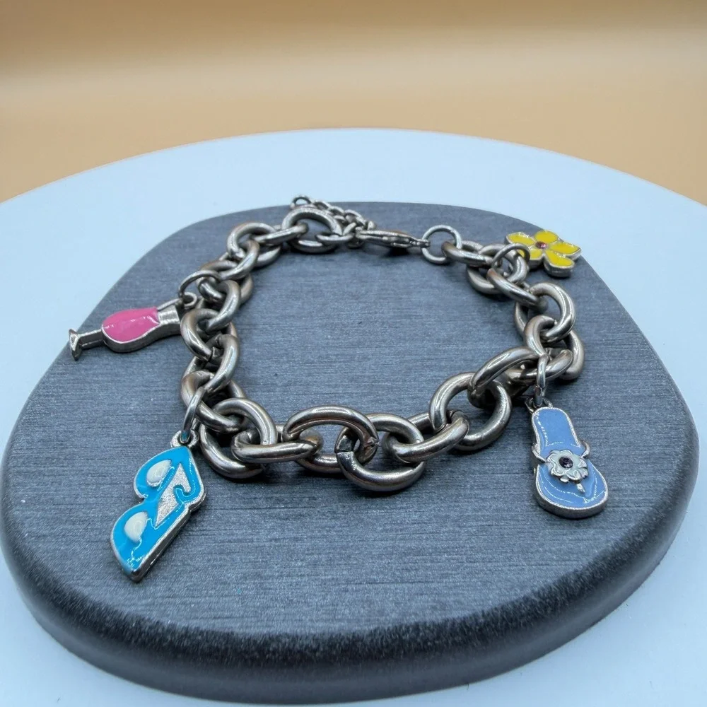 Silver Tone Chunky Chain Enamel Shoe Flower Wine Glass Charm Bracelet 7 Inch